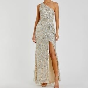 Mac Duggal. Sequined One Shoulder Draped Lace‎ Up Gown.